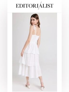 En Saison Croix White Cotton Tiered Eyelet Midi Dress with Adjustable Tie Straps